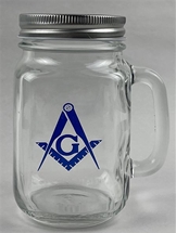 16oz.glass Masonic Mason jars with handle and lid.