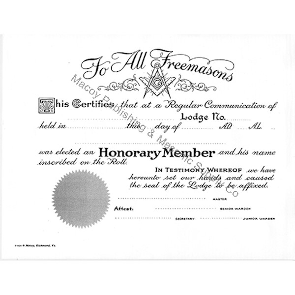 Masonic Honorary Member Certificate