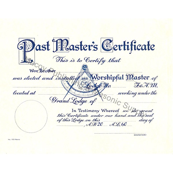 Masonic Past Master Certificate  F&AM