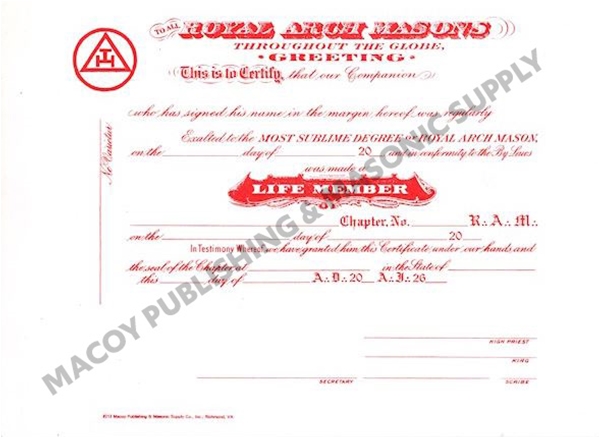 Royal Arch Masons Life Member Certificate