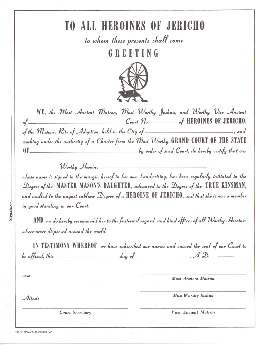 Heroines of Jericho Membership Certificate