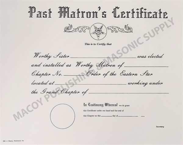 OES PAST MATRON'S CERTIFICATE