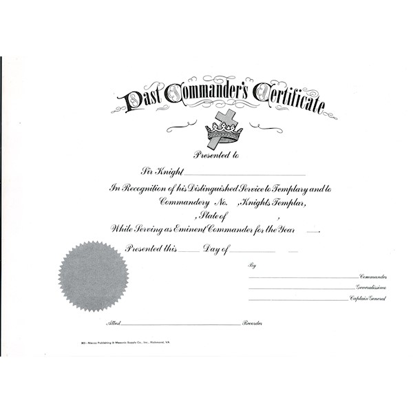 Past Commander Certificate - Knights Templar