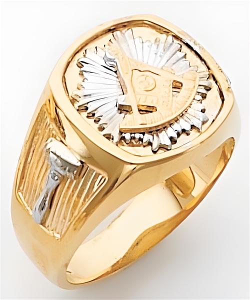 Past Master ring Square front & rounded edges - Square,Compass & Quadrant with Sun - 10K Y&WG