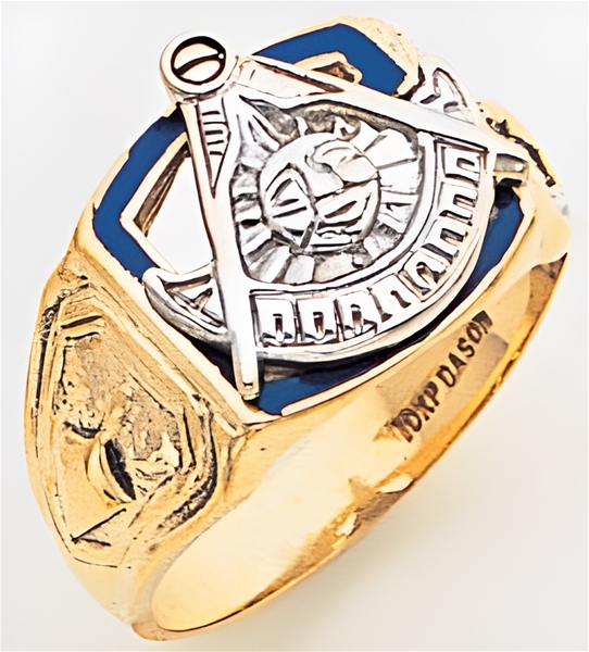 Past Master ring Square front, Compass & Quadrant with Sun - 10K Y&WG