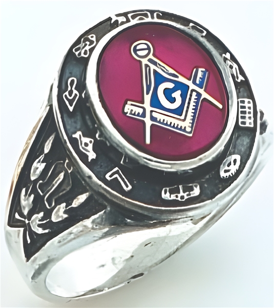 Master Mason ring Round stone with S&C and "G" - Sterling Silver