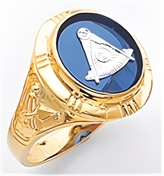 Past Master ring Round stone, Compass & Quadrant with Sun - 10K Y&WG