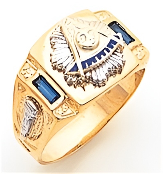 Past Master ring Square front, Compass & Quadrant with Sun - 10K Y&WG