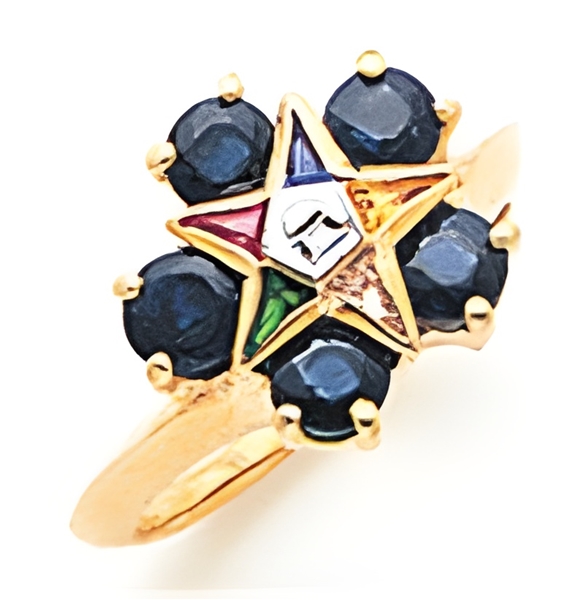 O.E.S. 10K Member's ring with 5 birth stones around raised star