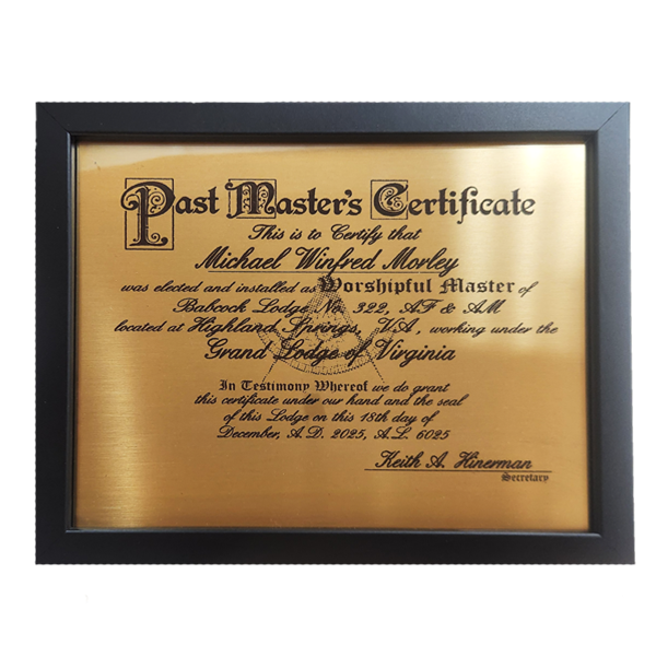 Past Master's on Brass Plate and Hardwood Frame